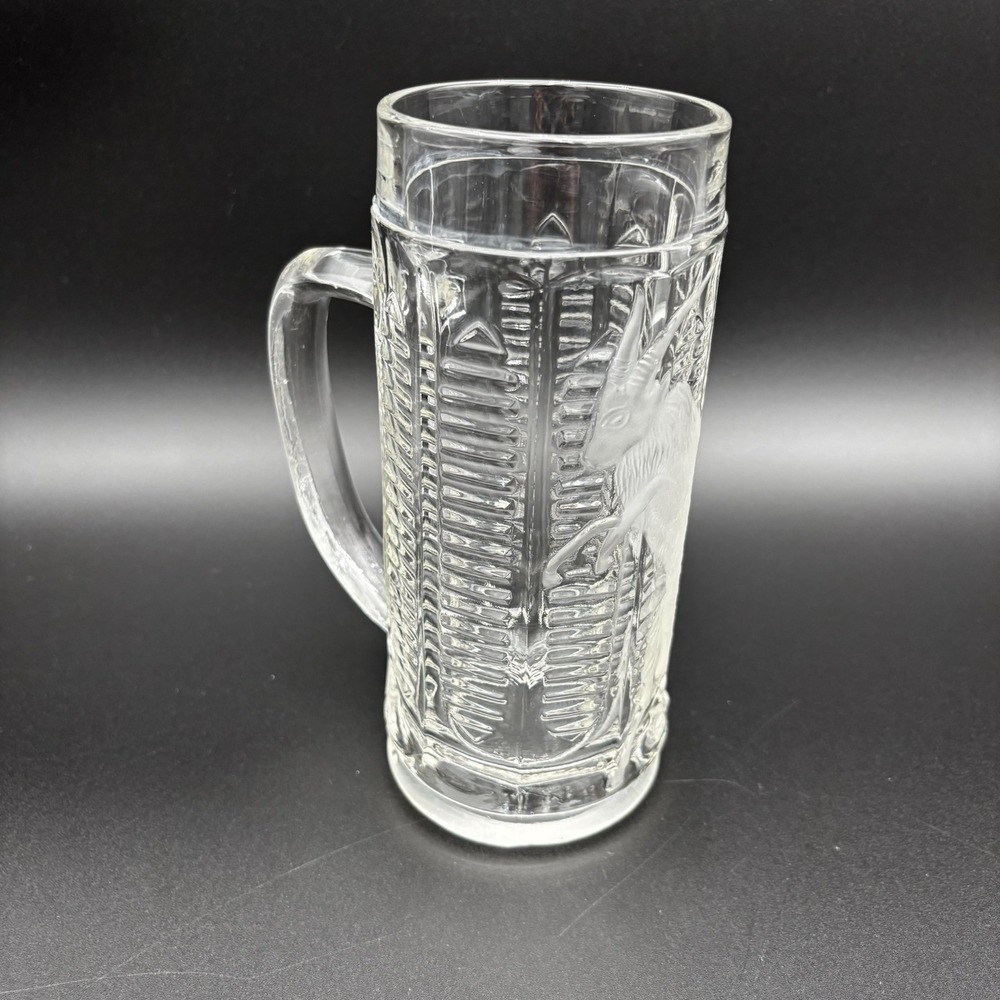 Bohemian Pressed Glass German Tankard Mug Stein w Etched Ram‎ Goat VTG 7.5" Rare